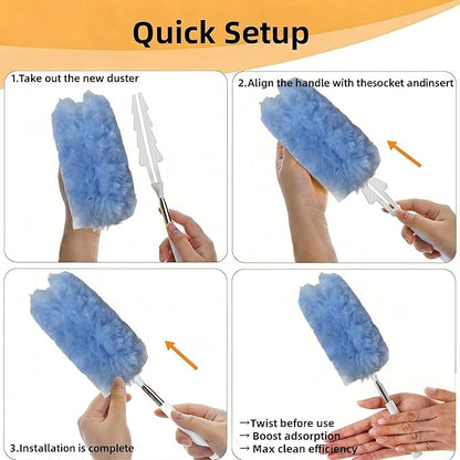 Heavy Duty Duster Refills, Disposable Dusters Kit for Cleaning Dusting Furniture Blind Ceiling Fan, Multi Surface 360 Feather Duster(10)+3FT Extended Handle（1） (Navy Blue)