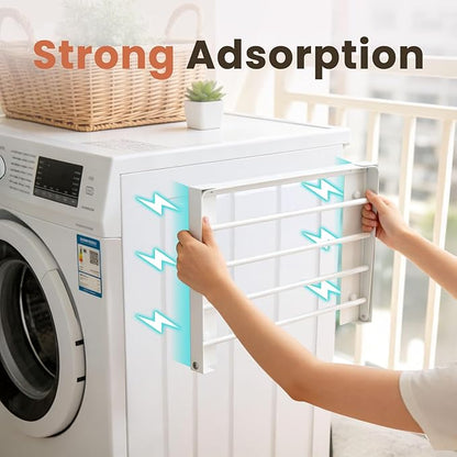 Foldable Wall Mounted Clothes Drying Rack,Space-Saving Laundry Drying Rack, Magnetic & Punch-Free Retractable Hanging Rack with 4 Drying Bars, Heavy-Duty Fold Down (White)
