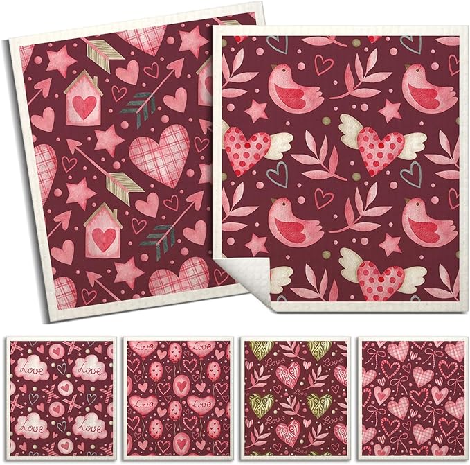 Swedish Dishcloths for Kitchen | 6 Pack Floral Reusable Paper Towels Washable | Swedish Dish Towels | Non-Scratch Cellulose Sponge Cloths | No Odor, Biodegradable Cleaning Cloths, Valentine's Day 1