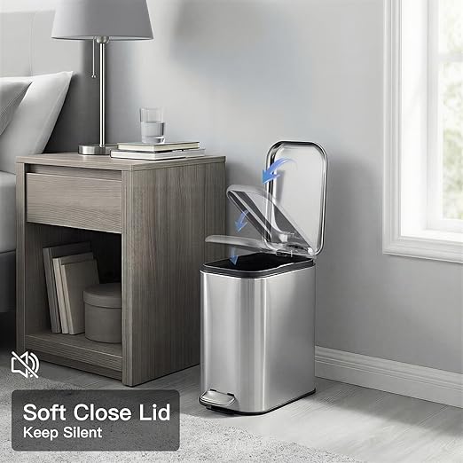 GlowSol Bathroom Trash Can with Lid, 1.3 Gallon 12 L Stainless Steel Step Trash Can with Removable Liner Bucket, Slim Small Wastebasket for Toilet Bedroom Office, Silver