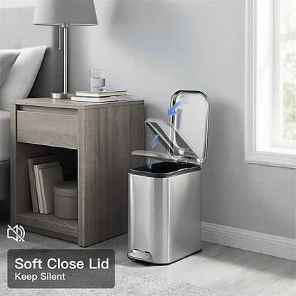 GlowSol Bathroom Trash Can with Lid, 1.3 Gallon 12 L Stainless Steel Step Trash Can with Removable Liner Bucket, Slim Small Wastebasket for Toilet Bedroom Office, Silver