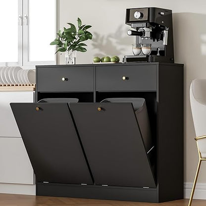 Housoul Double Tilt Out Trash Can Cabinet, Trash Storage Cabinet with 2 Drawers, Hidden Garbage Bin, Free Standing Laundry Sorter Organizer for Kitchen Dining Living Room, Bathroom, Black