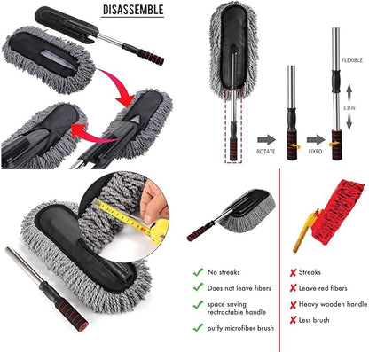 Removable Telescopic Car Wax Drag Nano Fiber Car Wash Brush Car Dusting Tool Car Mop Wax Dash Duster Exterior Interior Cleaning Kit (Premium Car Duster 1 Pcs Set, Gray)
