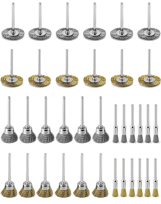 QWORK 36Pcs Brass & Stainless Steel Wire Brush Polishing Wheel Kit for Rotary Tools - for Metal, Wood Grinding, Deburring, and Polishing