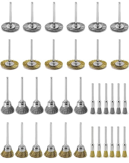 QWORK 36Pcs Brass & Stainless Steel Wire Brush Polishing Wheel Kit for Rotary Tools - for Metal, Wood Grinding, Deburring, and Polishing