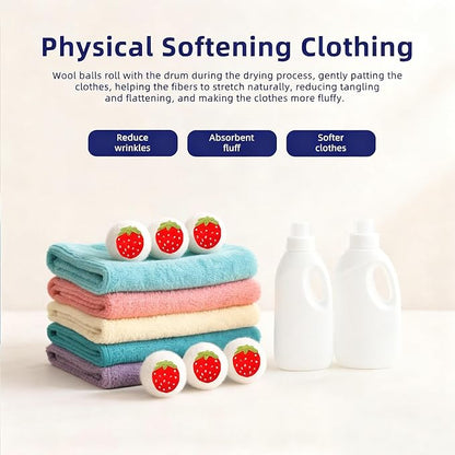 Wool Dryer Balls，New Zealand Wool Laundry Balls for Dryer (Pack of 6, Strawberry Handmade Pattern)，Softens Clothes,Naturally Reduces Drying Time and Static Electricity