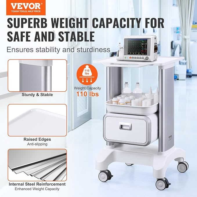 VEVOR Medical Trolley Storage Cart with Removable Drawer, Rolling Lab Tray Cart with Wheels for Ultrasound, Dental Clinic, Lab, Beauty Salon, Office