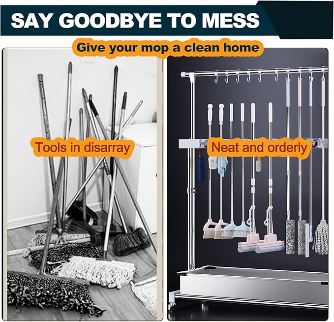 SARKEY Mobile Broom Mop Holder,Mop Broom Organizer With Wheels,Freestanding Cleaning Tool Holder For Home,Drip Tray,Top Hanging Hooks,For Garage,Garden,Schools,Hotels(97x50x185cm(38x20x73in))