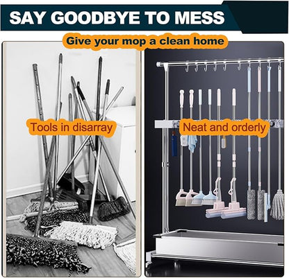 SARKEY Mobile Broom Mop Holder,Mop Broom Organizer With Wheels,Freestanding Cleaning Tool Holder For Home,Drip Tray,Top Hanging Hooks,For Garage,Garden,Schools,Hotels(97x50x185cm(38x20x73in))
