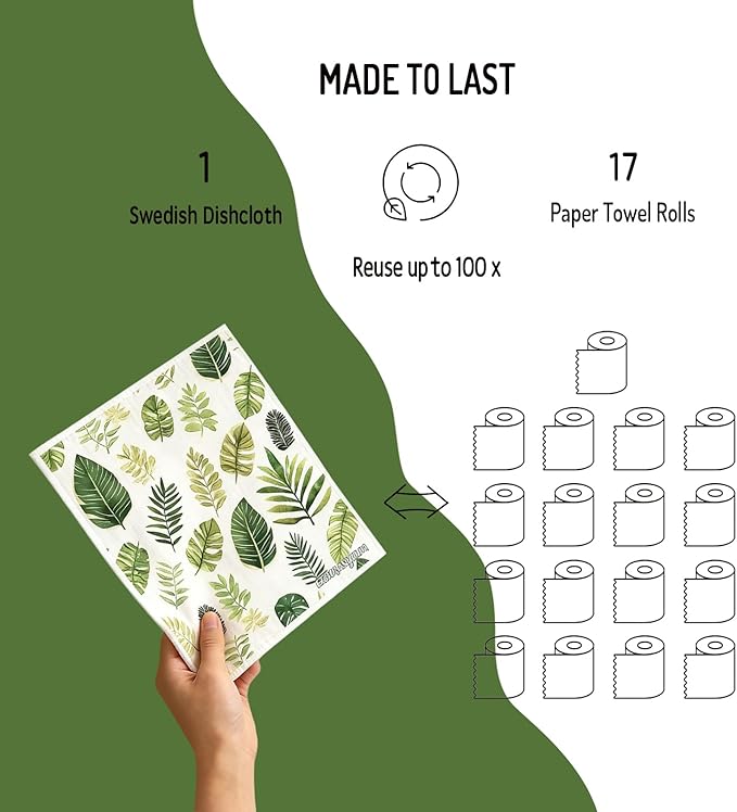 Swedish Dishcloths Reusable Paper Towels 6 Pack, Super Absorbent Washable Kitchen Towels, Biodegradable Quick Drying Dishwasher Safe, Watercolor Design Cleaning Cloths for Any Surface(Green Grass) ﻿