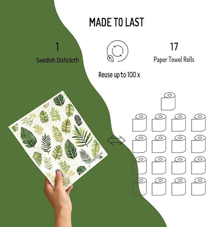Swedish Dishcloths Reusable Paper Towels 6 Pack, Super Absorbent Washable Kitchen Towels, Biodegradable Quick Drying Dishwasher Safe, Watercolor Design Cleaning Cloths for Any Surface(Green Grass) ﻿