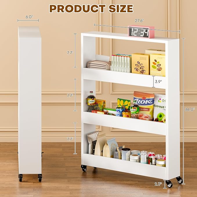 Slim Storage Cart, Lightweight 4 Tier Metal Rolling Utility Kitchen Cart on Wheels, Mobile Storage Shelving Unit Organizer for Bathroom Laundry Office Narrow Places (4 Tier-White, 6" D)