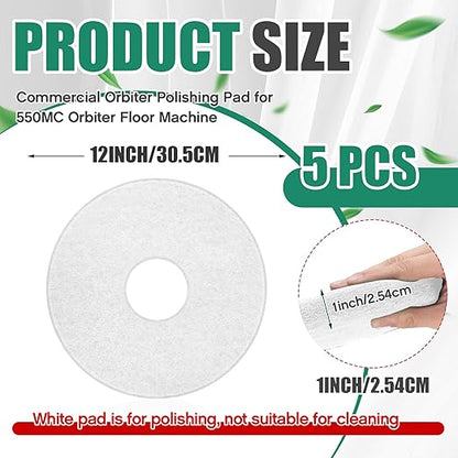 Teenyyou 5 Pcs 12" Cleaning Orbiter Pads Commercial Floor Buffer Pads Hardwood Floor Maintenance Scrubber Polisher Cleaning and Stripping for Orbiter Machine (White)