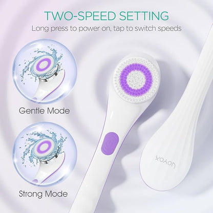 VOYOR Electric Body Brush Back Scrubber for Shower Rechargeable Exfoliating Bath Brush Powered Shower Brush with Non-Slip Long Handle Deep Cleansing, Exfoliation, Massaging Spin Brush BC100 (Purple)