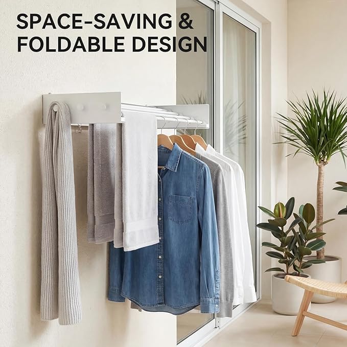 Extra Wide 40" Laundry Drying Rack Wall Mount - Retractable Clothes Drying Rack with 6 Hooks & 6 Knobs, Heavy Duty 60LBS Metal Airer, Large Foldable Wall Hanger for Indoor