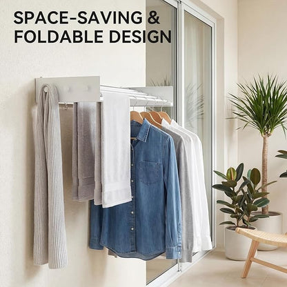 Collapsible Laundry Drying Rack Wall Mounted - 31.5 Inch Metal Clothing Drying Rack with 6+6 Hooks, Retractable Foldable Dryer Racks for Laundry Drying Indoor, Heavy Duty Towel & Coat Hanger