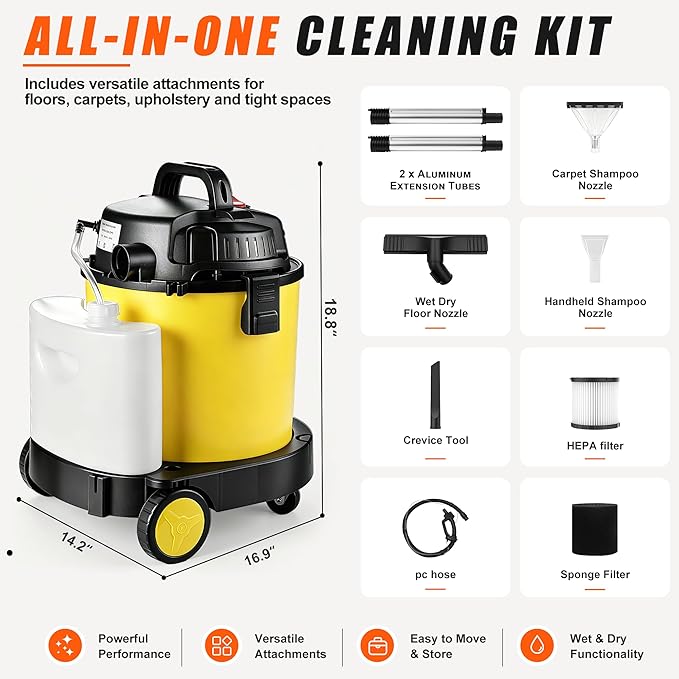 Shop Vacuum Wet and Dry Cleaner, 6 Gallon 5.5 Peak HP Wet Dry Vac, 17 KPA Max Power 4 in 1 Portable Shop Vacuum Wet and Dry with Filter,Soap Tank, Hose and Attachments for Home, Car, Garage, 175