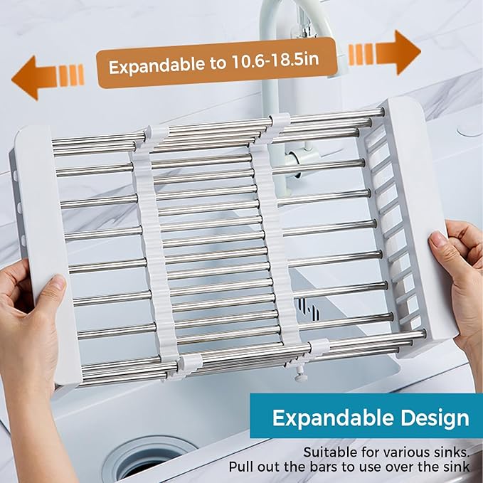 COVRA Stainless Steel Over-Sink Dish Drying Rack – Versatile Kitchen Organizer for 11″–19″ Square Sinks – Effortless Drying for Dishes, Fruits & Vegetables (Gray)