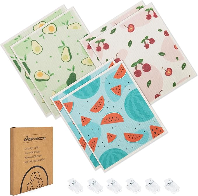 Swedish Dishcloths for Kitchen, 6 Pack Fruit Swedish Dish Towels with Clips, Reusable Paper Towels Washable Non-Scratch Super Absorbent Cellulose Sponge Cloths, Biodegradable No Odor
