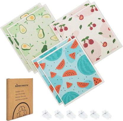 Swedish Dishcloths for Kitchen, 6 Pack Fruit Swedish Dish Towels with Clips, Reusable Paper Towels Washable Non-Scratch Super Absorbent Cellulose Sponge Cloths, Biodegradable No Odor