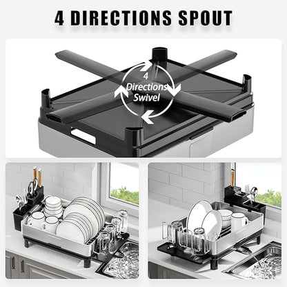 Ewaiira Dish Drying Rack, 304 Stainless Steel Dish Racks for Kitchen Counter, Dish Drainers with Automatic Drainage, Utensil Holder & Cups Holder, Space Saving Kitchen Organizer, Black 16.5''x12.6''
