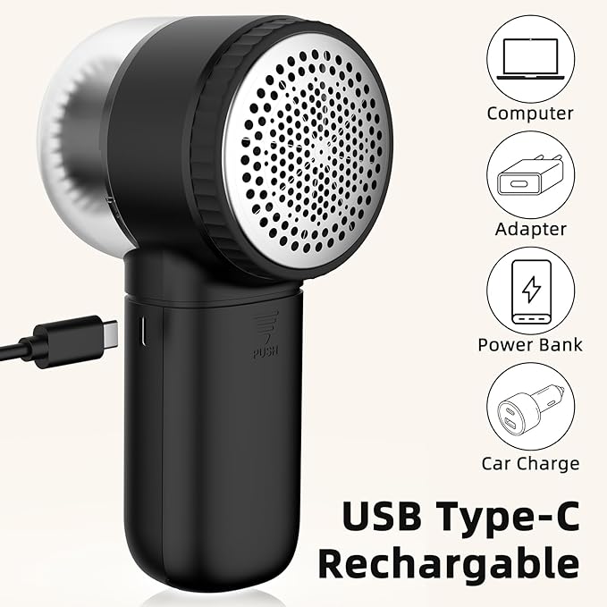 Fabric Shaver Electric Lint Remover Rechargeable Sweater Shaver Dual Protection Removable Bin Easy Remove Fuzz Lint Pills Bobbles (Black) FS001