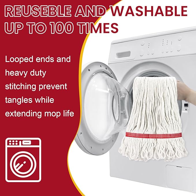 Eccliy 6 Pack Mop Heads Replacement Commercial Industrial Mop Heads Heavy Loop End Cotton String Heavy Duty Refills Wet Washable Refills for Home General Floor Cleaning (White,Red)