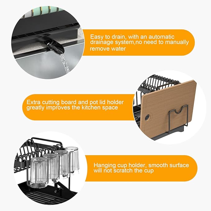Expandable Dish Drying Rack, Rust-Proof Metal Dish Racks for Kitchen Counter with 360° Swivel Drain Spout, Space-Saving Dish Drainer with Utensil Holder for Small Apartment & Home Organization, Black