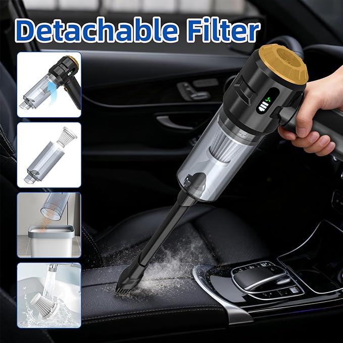 Sycoodeal Handheld Car Vacuum Cleaner, 25000PA Strong Cyclonic Suction Portable Mini Vacuum Cordless with Digital Display Lightweight for Pet Hair, Car, Home, Office, Kitchen (Gold)