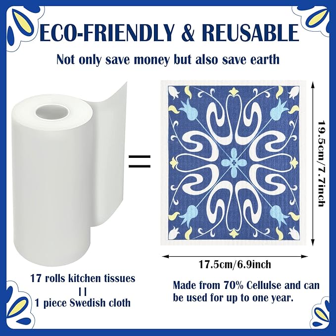 WILLBOND 9 Pieces Blue Style Swedish Kitchen Dishcloths Reusable Absorbent Hand Towels Sponge Cloth for Baking Cooking Kitchen Home Decoration Housewarming Gift