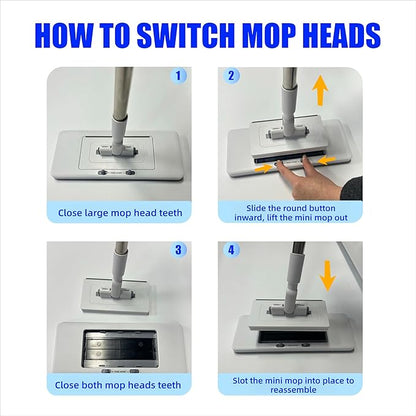 Upgrade Push Clamp Mop Kit - 2-in-1 Full Size Press Grip Lazy Sweeper Mop with Convenient Cloth Changing, Compatible with Swiffer Pads, Hardwood Tile Marble Floor Cleaning, 52in with10 Dry Cloths