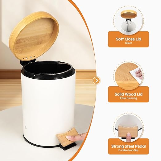 Small Bathroom Trash Can with Natural Bamboo Lid Soft Close，3 Liter / 0.8 GallonStainless Steel Garbage Can with Removable Inner Bucket andStep Pedal（White）