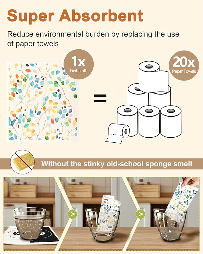 Miss Adola Swedish Dishcloths for Kitchen with Hooks - Reusable Dish Cloths for Washing Dishes Fast Drying Cute Fun 5 Pack Swedish Dish Towels Washable Cleaning Sponge, Elegant Flowers