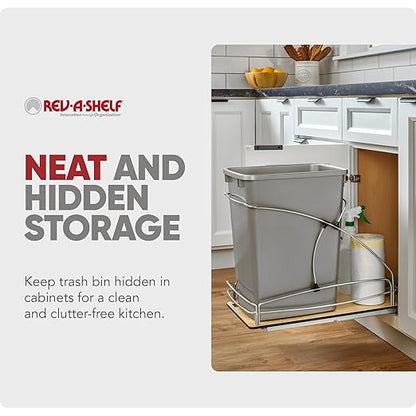 Rev-A-Shelf 35 Qt / 8.75 Gal Steel Bottom Mount Single Pullout Waste Container w/Soft-Close for Base Cabinets, Min Opening Width of 11", Silver, 54WC-1535SC-17-1