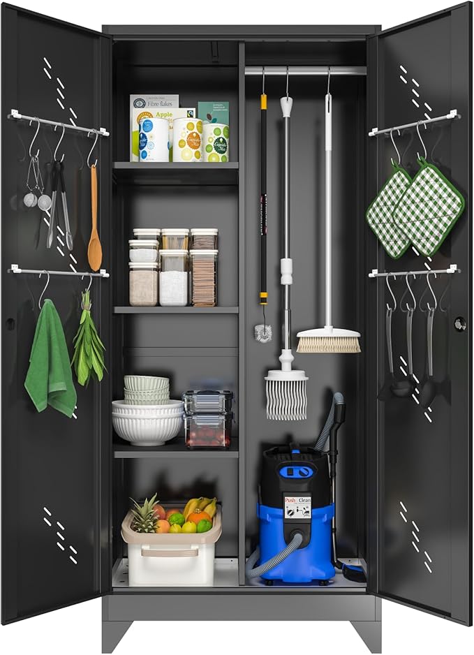 Metal Garage Storage Cabinet, Kitchen Pantry Cabinet, Broom Closet Storage Cabinet with Lock, Modern Steel File Cabinets, Broom and Mop Organizer Cabinets for Laundry Room, Home Office, Gym, Shop