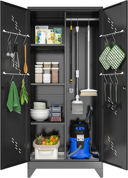 Metal Garage Storage Cabinet, Kitchen Pantry Cabinet, Broom Closet Storage Cabinet with Lock, Modern Steel File Cabinets, Broom and Mop Organizer Cabinets for Laundry Room, Home Office, Gym, Shop