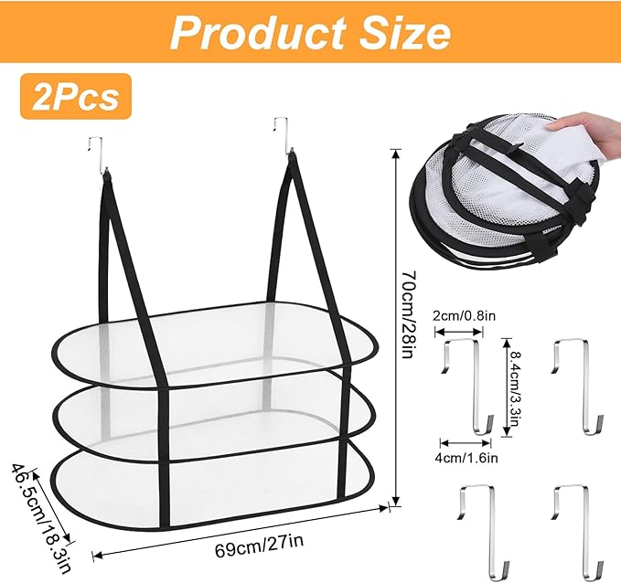 2 Pcs 3 Tier Folding Mesh Clothes Drying Rack, Hanging Sweater Drying Rack Over The Door Folding Drying Rack Large Foldable Flat Dry Hanger for Apartments Dorms Bathrooms