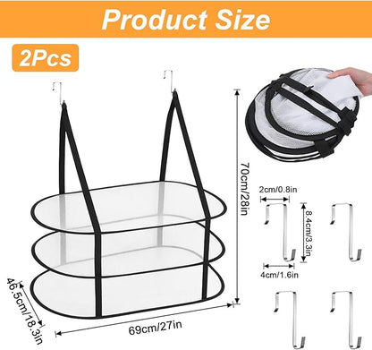 2 Pcs 3 Tier Folding Mesh Clothes Drying Rack, Hanging Sweater Drying Rack Over The Door Folding Drying Rack Large Foldable Flat Dry Hanger for Apartments Dorms Bathrooms