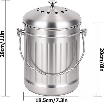 1.3 Gallons 5L Brushed Stainless Steel Kitchen Countertop Undersink Indoor Odorless Composting Compost Bin Countertop Composter with Charcoal Filter Inside Lid Brushed