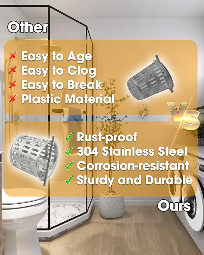 2 Pcs Debris and Hair Strainer for Shower Drains Floor Drain, 2 Inch Stainless Steel Debris Basket Hair Trap Catcher with 2 Lifting Hook, Straight Type