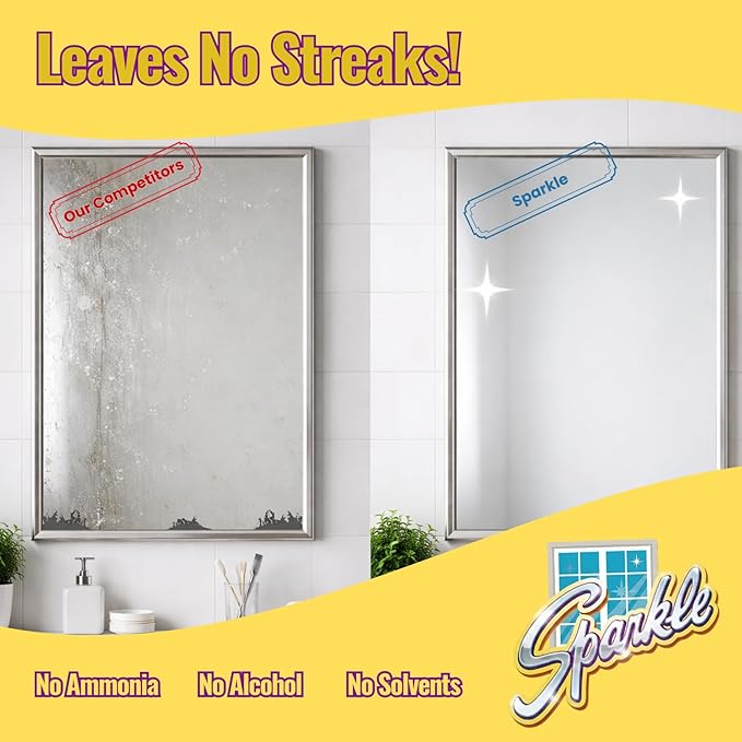 Sparkle Glass Cleaner, Ammonia-Free Streak-Free Formula, 33.8 fl oz Spray Bottle, Safe for Windows, Mirrors & Glass Surfaces (Pack of 6)