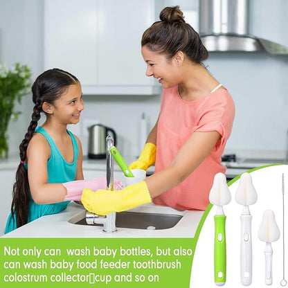 Willinglong 22 Pcs Sponge Bottle Nipple Brushes Set Including 12 Pcs Bottle Sponge Brush Heads 6 Interchangeable Nipple Brush Handles and 4 Long Straw Brushes for Baby Bottles (White and Green Handle)