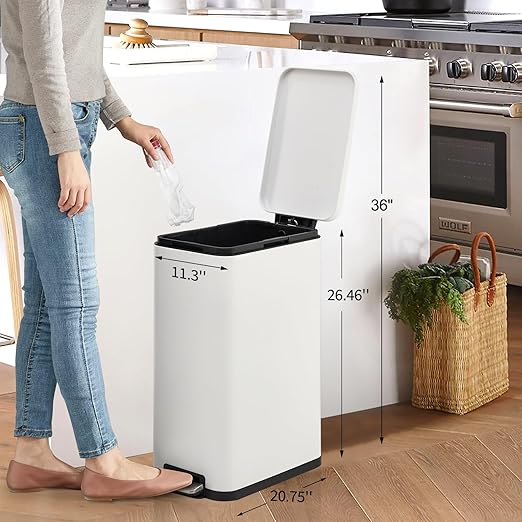 13-Gallon Kitchen Trash Can, 50-Liter Slim Stainless Steel Pedal Trash Bin, Pedal Trash Can with Soft-Close Lid, Fingerprint-Resistant, with Removable Inner Bucket, Suitable for Small Spaces, White
