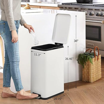 13-Gallon Kitchen Trash Can, 50-Liter Slim Stainless Steel Pedal Trash Bin, Pedal Trash Can with Soft-Close Lid, Fingerprint-Resistant, with Removable Inner Bucket, Suitable for Small Spaces, White