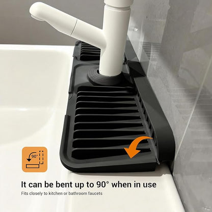 ZJWZLG Faucet Mat for Kitchen Sink, 17.7"X5.5" Silicone Sink Splash Guard with Soap Holder, Snap-On Design & 7°slope Fast Drain, Folding Sink Faucet Mat for Universal Kitchen Bathroom Sink（Black）