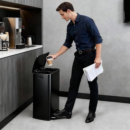GarveeHome Commercial Dual Trash Can, 16 Gallon Stainless Steel Double Compartment Recycling Bin with Soft-Close Lids, Pedals & Plastic Inner Buckets, 60L Garbage Can for Kitchen, Home, Office, Black