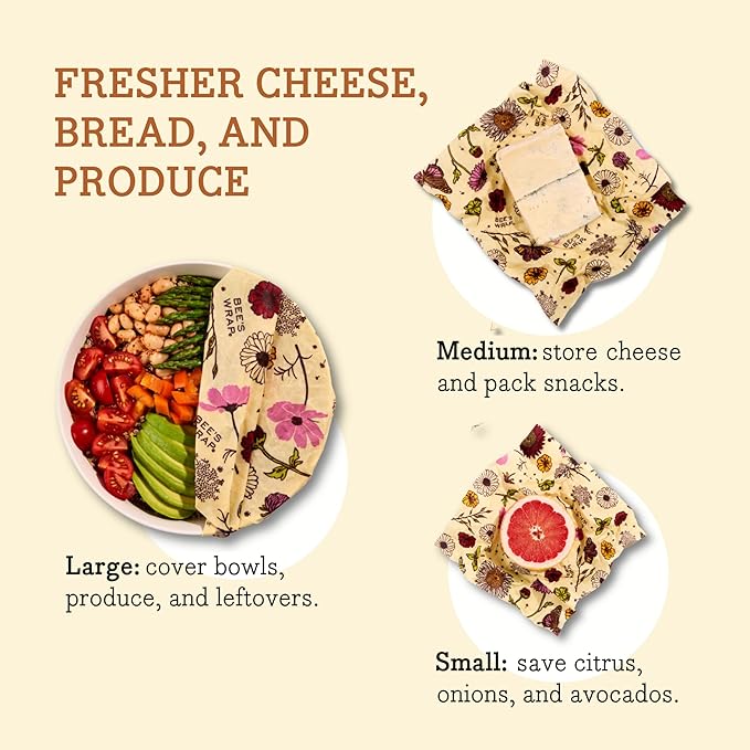 Bee's Wrap Vegan Beeswax Wraps for Food - 3 Pack of Assorted Beeswax Wraps - Small, Medium & Large Wrap - Plastic Free Made in USA Reusable Natural Food Wrap - Meadow Magic Print