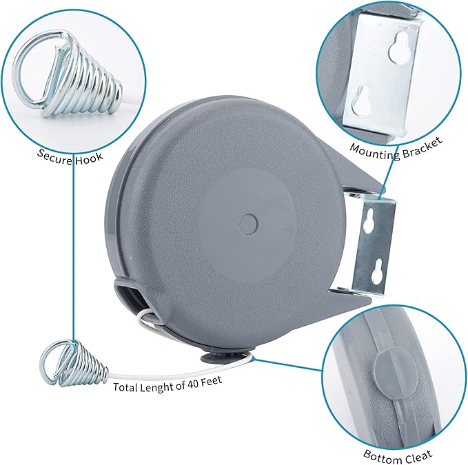 Retractable Clothesline Flexible Portable Heavy Duty 40 Feet Adjustable Heavy Duty Laundry Clothes Line for Wet or Dry Clothes Indoor or Outdoor Easy Installation Gray