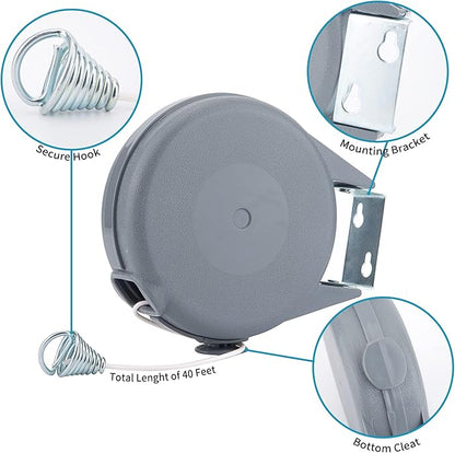 Retractable Clothesline Flexible Portable Heavy Duty 40 Feet Adjustable Heavy Duty Laundry Clothes Line for Wet or Dry Clothes Indoor or Outdoor Easy Installation Gray