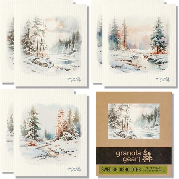 Home by GranolaGear-Christmas Swedish Dishcloths for Kitchen 6-Pack Reusable Paper Towels, Eco-Friendly, Compostable, Biodegradable Dish Cloth Sponge, Holiday Design, Watercolor Art-Winter Woodland